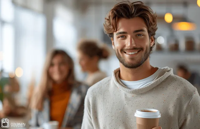 A smiling young office worker holds a takeaway coffee cup while colleagues appear blurred in a bright office.