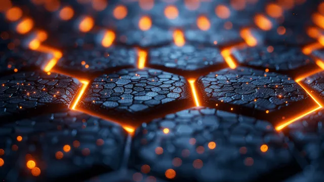 Neon glowing hexagonal grid over carbon fiber surface with cyberpunk depth
