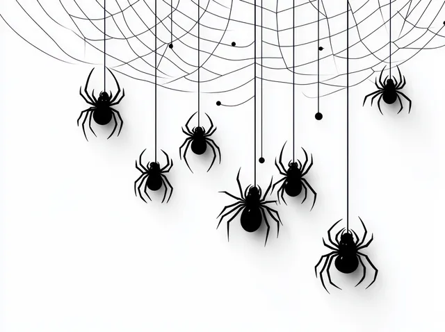 Several black spiders hang from a detailed spider web against a white background.