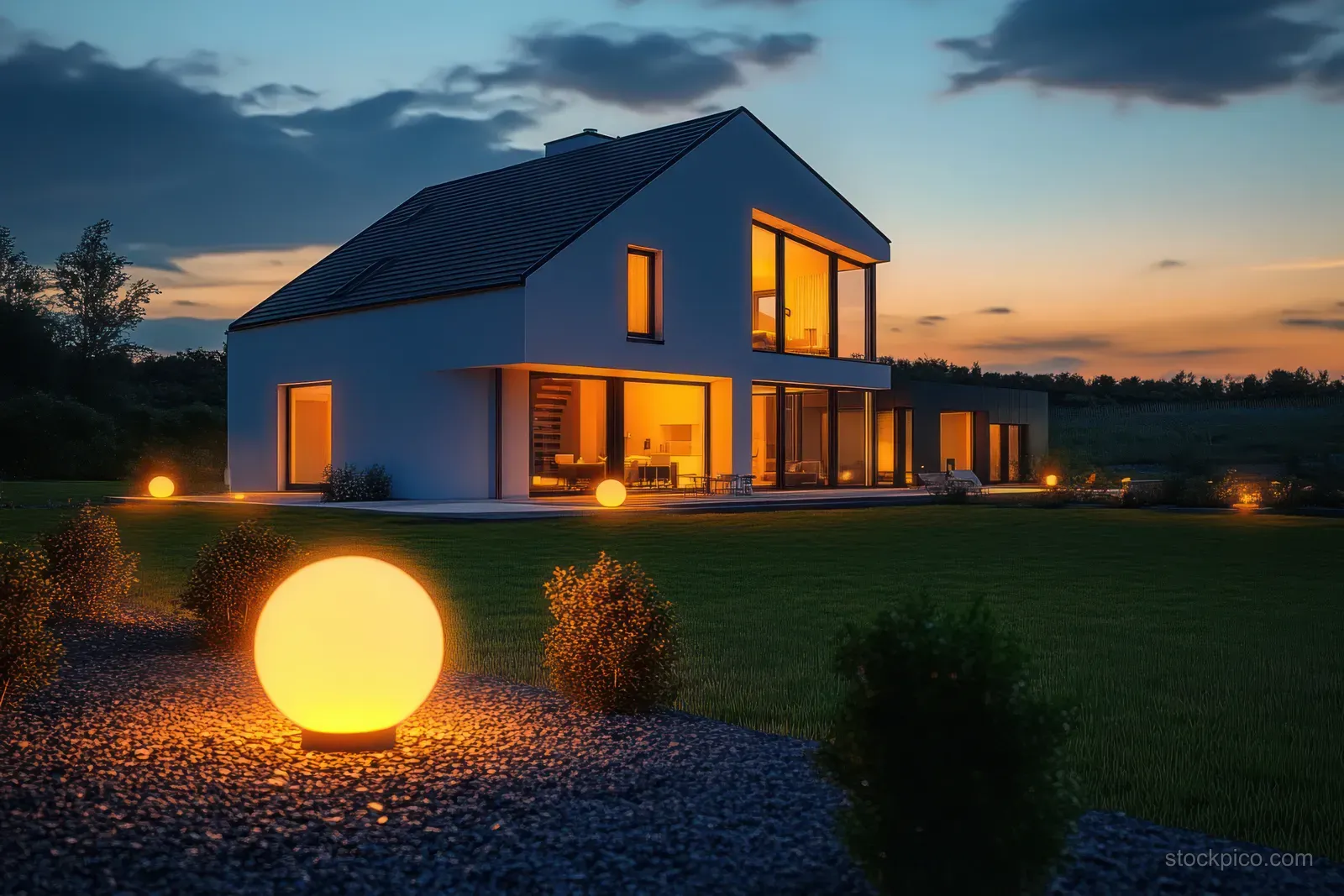 Modern villa exterior at twilight with warm window lights and glowing orb path lighting across a trimmed lawn.