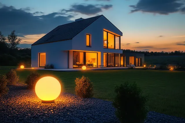 Modern villa exterior at twilight with warm window lights and glowing orb path lighting across a trimmed lawn.