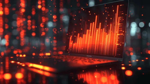 Glowing upward 3D finance bars rise from an open laptop screen with blurred data lights behind.