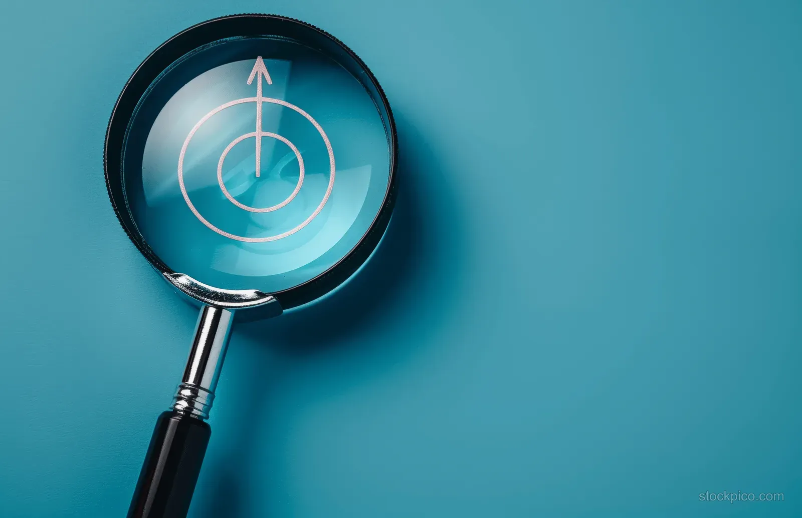 Magnifying glass highlights a target and upward arrow on a blue background.