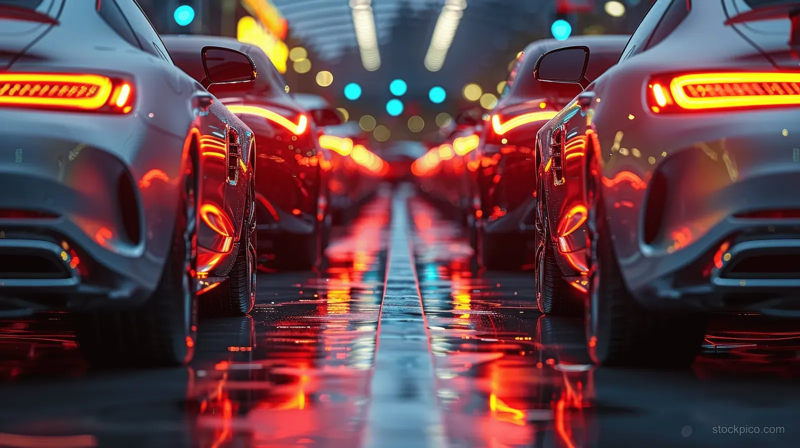 Cars parked in a dealership lot with wet asphalt reflecting sunset lights in rows.