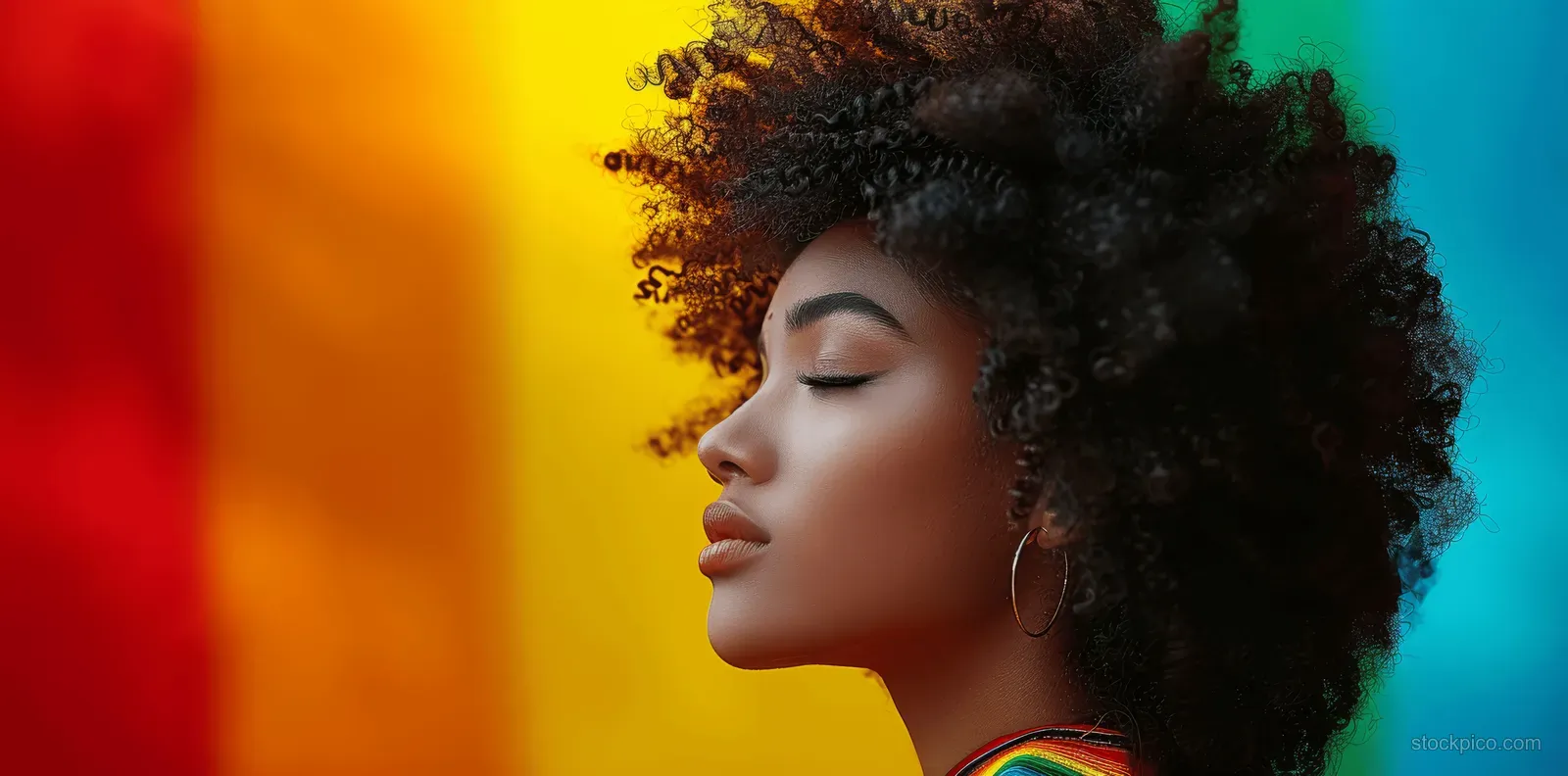 Black woman profile portrait shown against colorful rainbow blocks with a halo-like color outline.