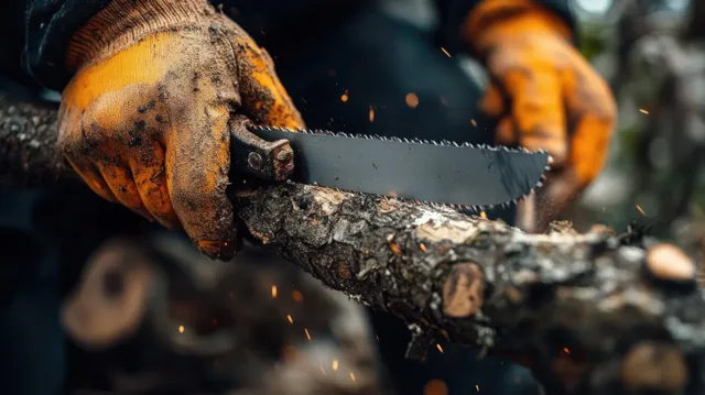 Orange-gloved hands cut a rough tree branch with a hand saw outdoors, sending wood chips and sparks.