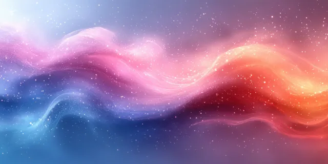 Ondas suaves iridescentes em rosa pérola e azul se misturam em um gradiente contínuo, brilhando com cintilação holográfica.