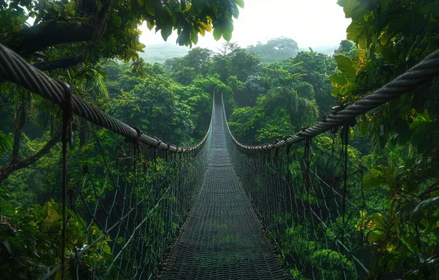 A narrow suspension bridge rises through a misty tropical rainforest with thick green foliage on both sides.