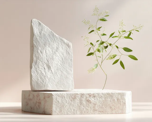 Minimalist stone podium with a small green branch, soft studio lighting and clean space