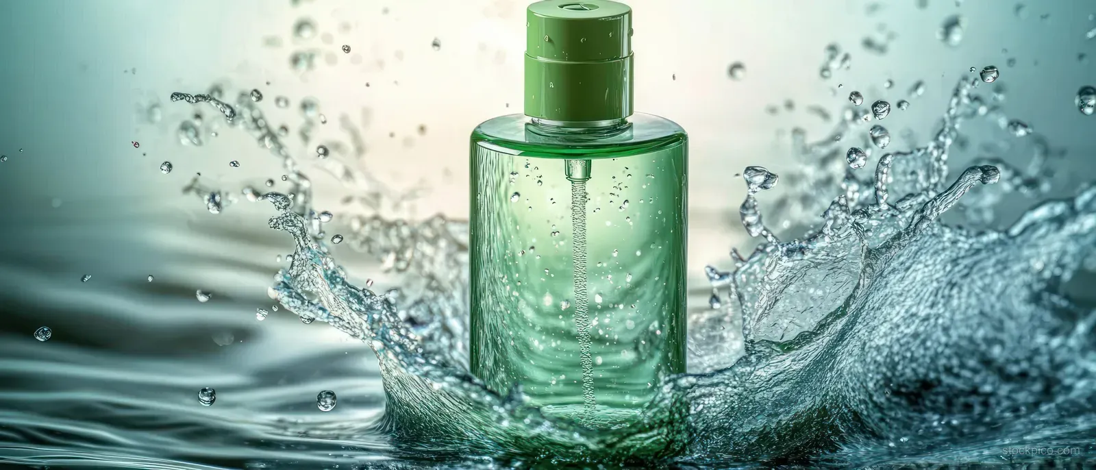 A green transparent pump bottle dispenses liquid as water droplets splash around it.