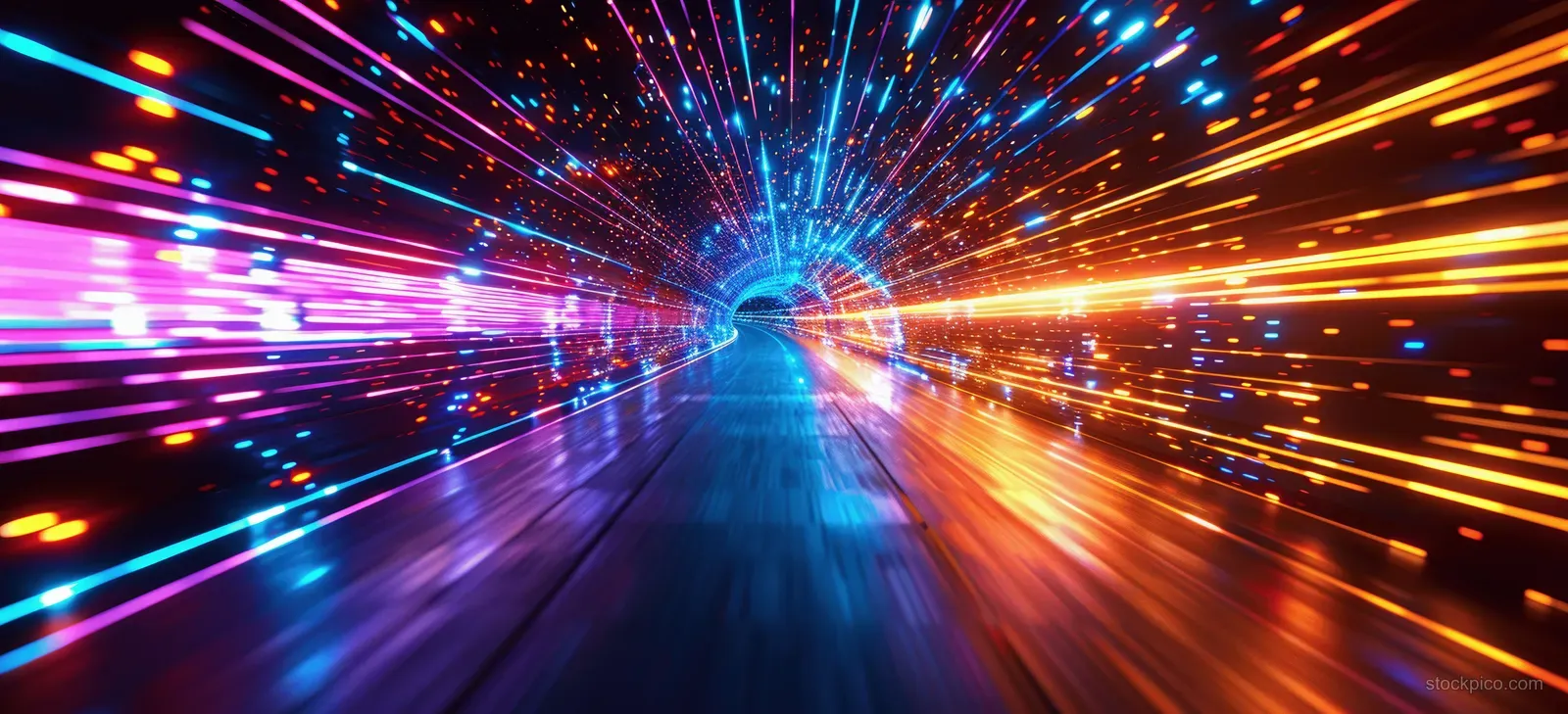 Colorful speed lines streak through a glowing tunnel toward a bright central horizon point.