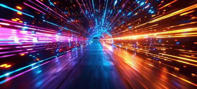 Colorful light streak tunnel races toward a bright event horizon with data-like motion