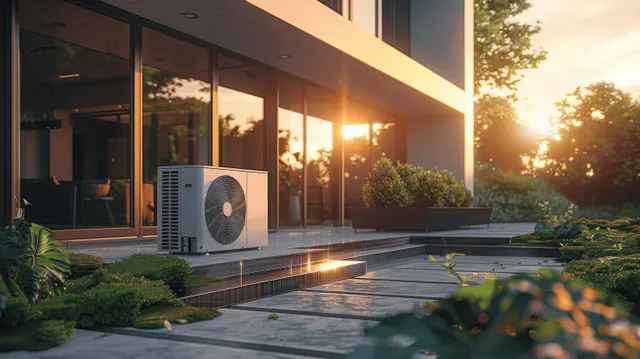 Air source heat pump unit positioned outside a modern house during golden hour with plants and glass doors behind.