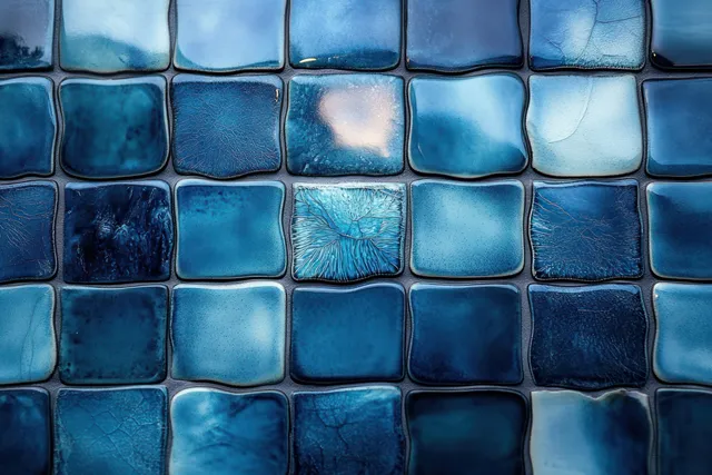 Blue glossy ceramic mosaic tiles with visible grout lines and bright reflections across the wall surface.