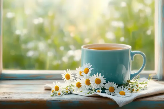 Blue tea cup with daisies on a wooden windowsill, lit by morning sunlight with a blurred garden behind it.
