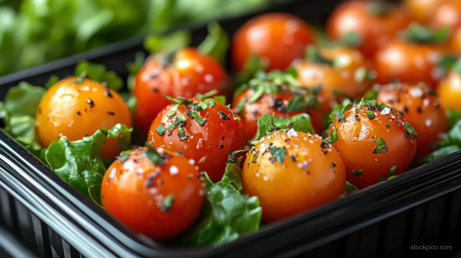 Black container filled with cherry tomatoes and fresh green salad leaves.