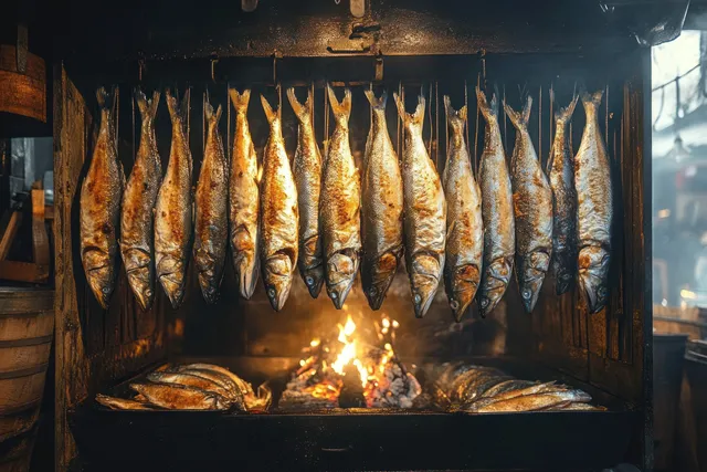 Rows of smoked bream hang from rafters inside a rustic smokehouse over a glowing wood fire.