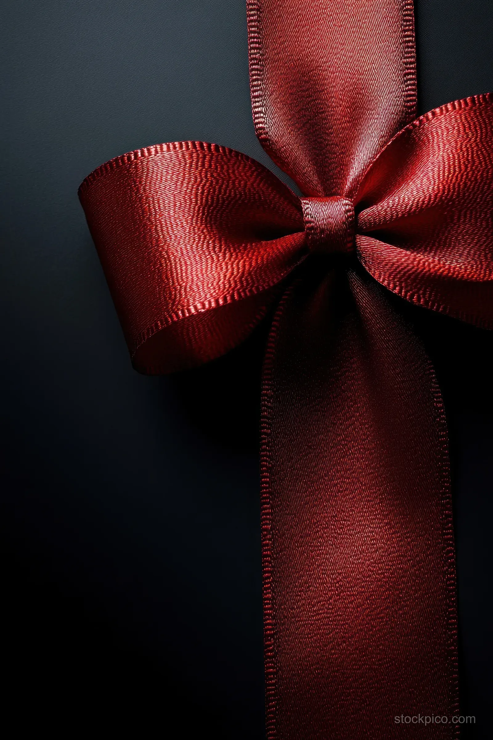 A red satin ribbon bow is tied on a matte black background with visible fabric folds.