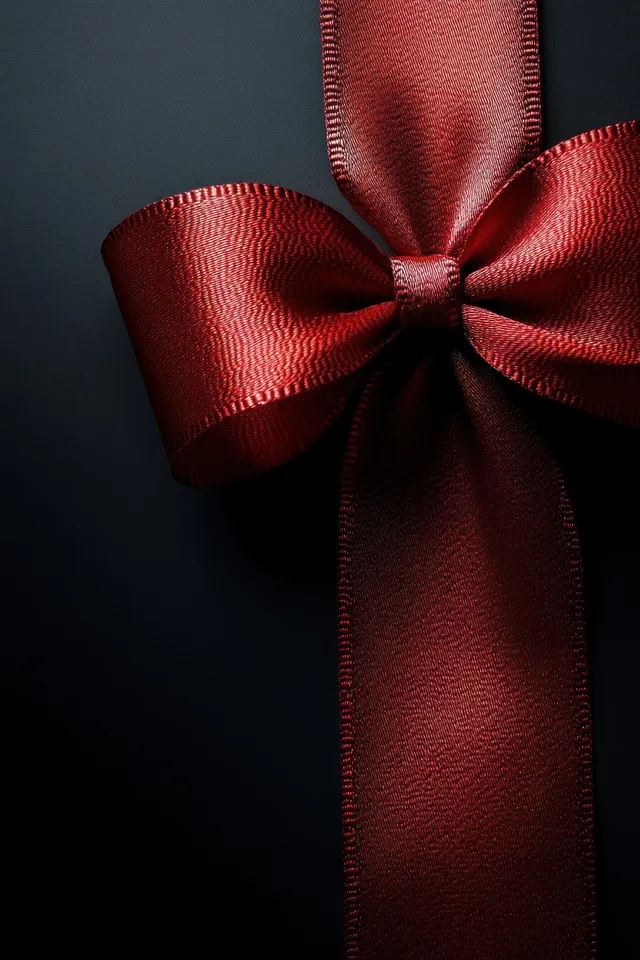 A red satin ribbon bow is tied on a matte black background with visible fabric folds.