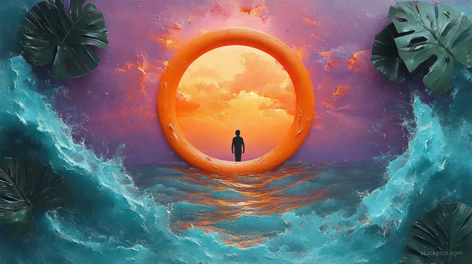 Silhouette stands inside an orange ring above churning blue ocean waves with green leaves and a purple sunset sky.