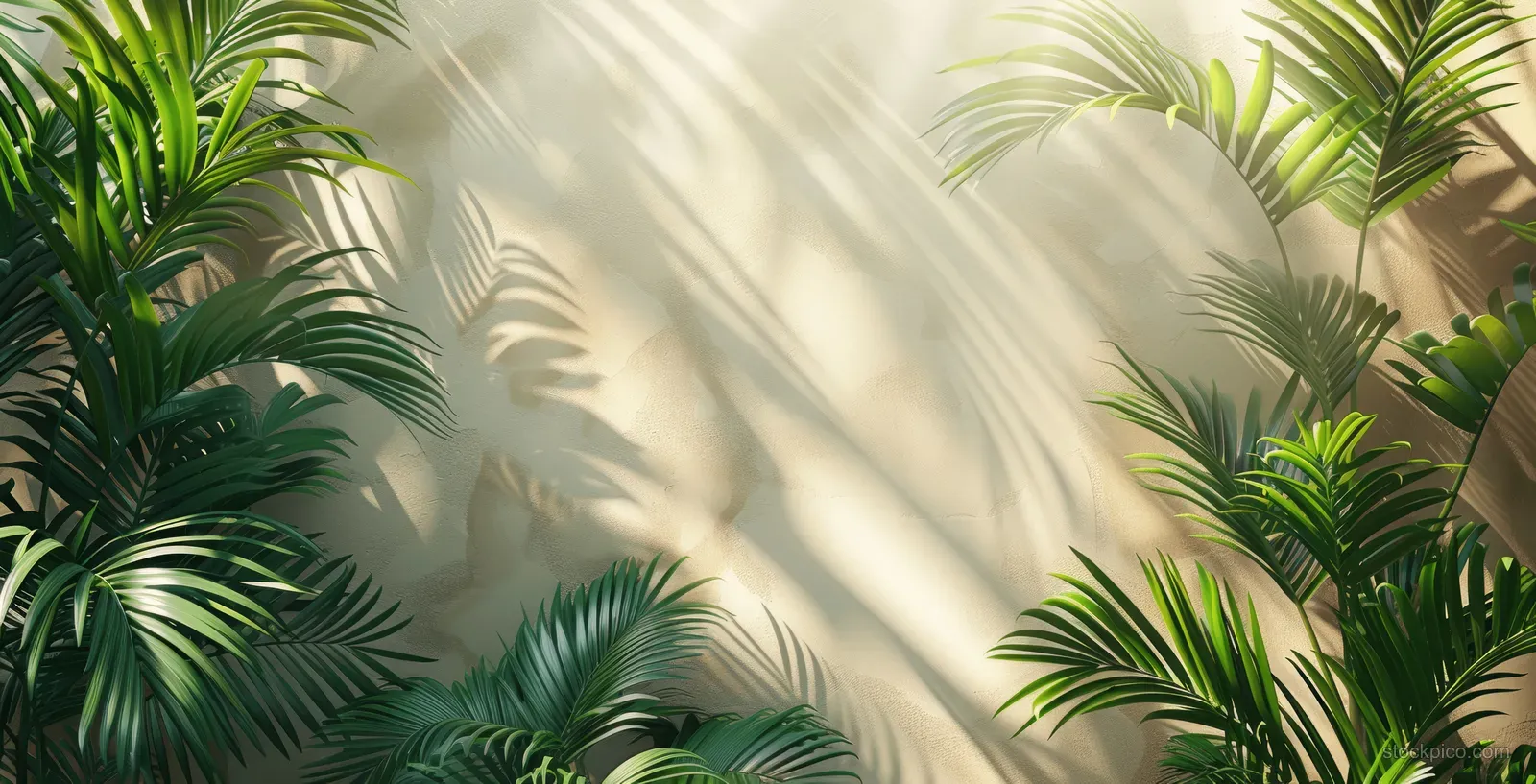 Palm leaf shadows and sunlight beams create an abstract pattern on a light beige wall background.