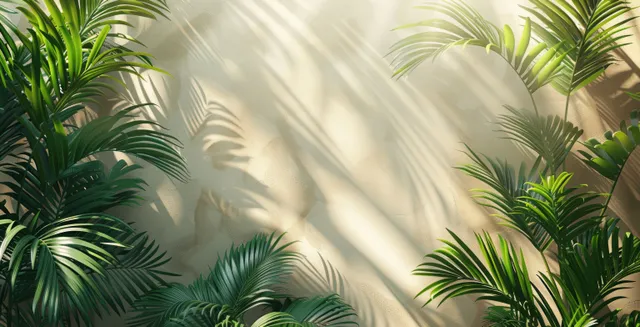 Tropical palm leaf shadows across light beige wall, sunlight beams and soft texture