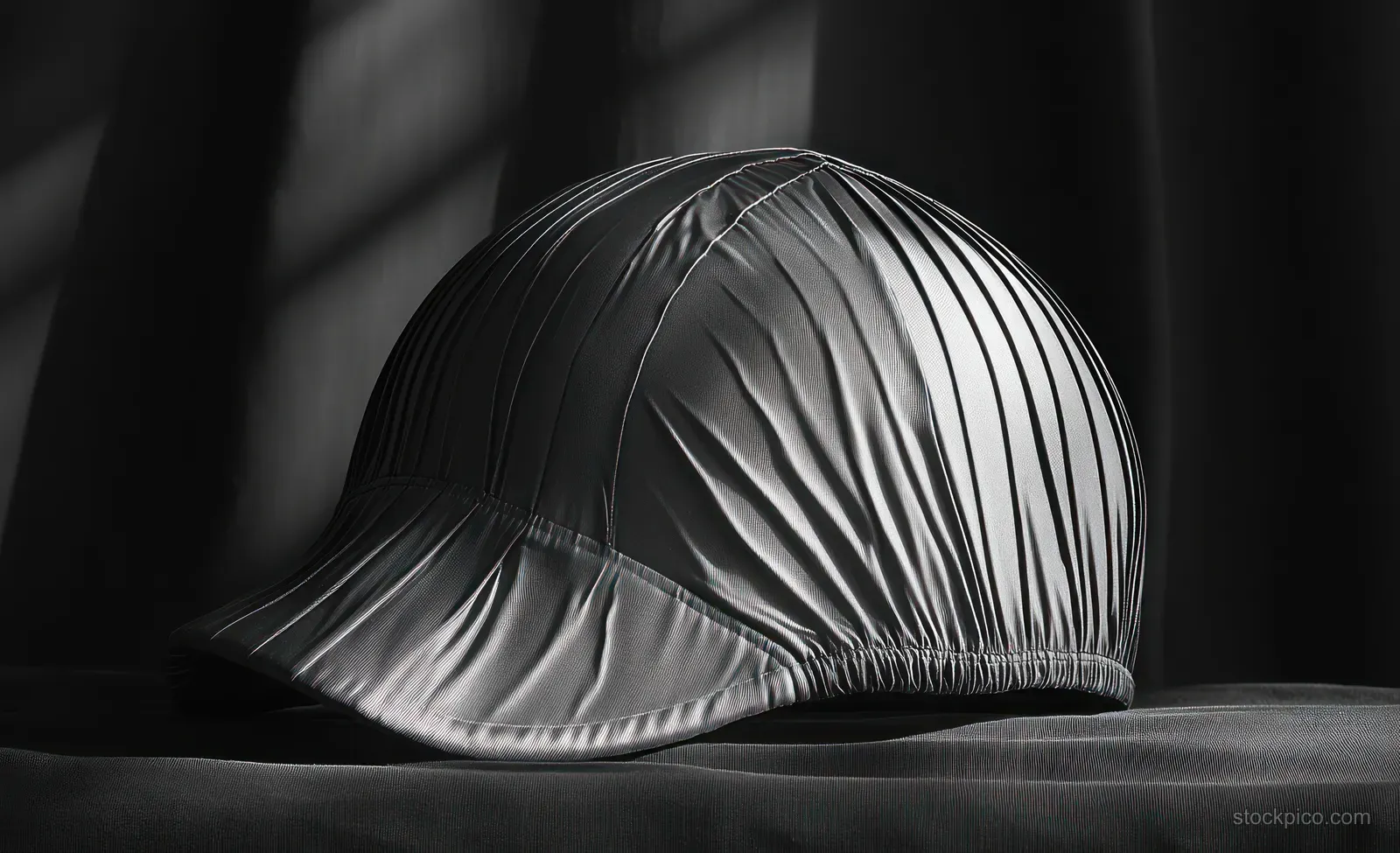 Black-and-white swim cap resting on dark fabric under high-contrast studio lighting.