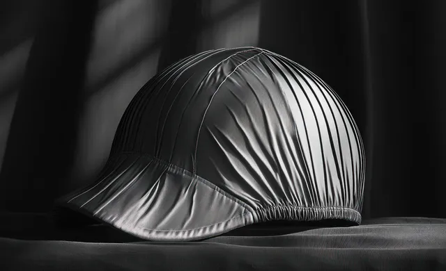 Black-and-white swim cap resting on dark fabric under high-contrast studio lighting.