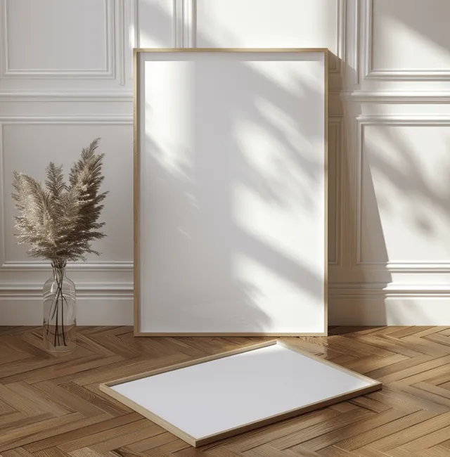 White poster frame and blank sheet are laid on a chevron parquet floor before a minimal paneled wall.