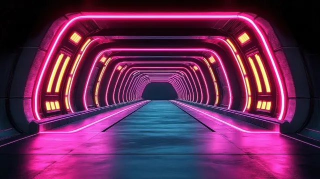 Neon-lit futuristic tunnel with symmetrical pink and orange glow leading into darkness