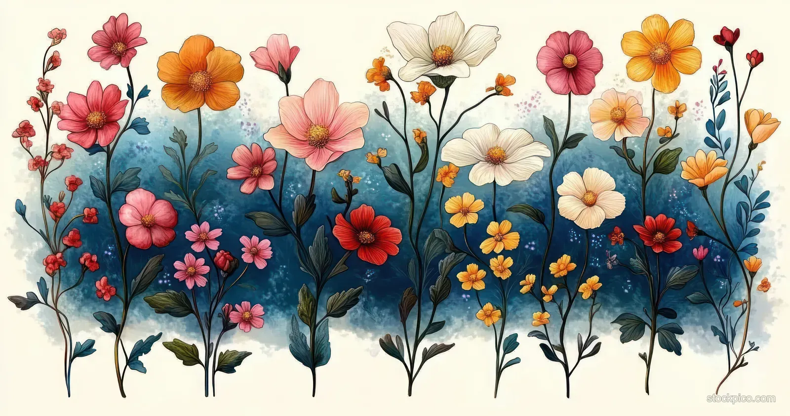 Colorful wildflowers with green leaves bloom against a soft blue and cream background.