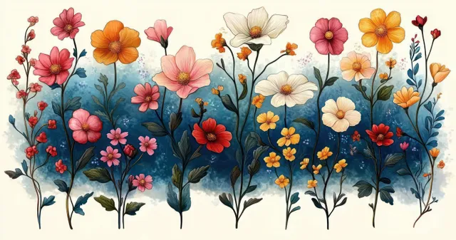 Delicate wildflowers blooming across a soft blue and cream background