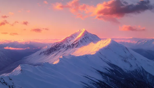 Snow-covered mountain peak glowing at sunrise beneath pink clouds