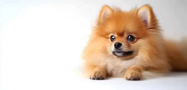 Fluffy orange Pomeranian puppy lying on white studio surface with curious alert gaze