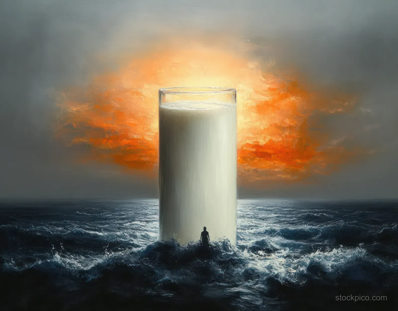 A giant glass of milk rises from stormy ocean waves while a small person stands in front at an orange sunset.