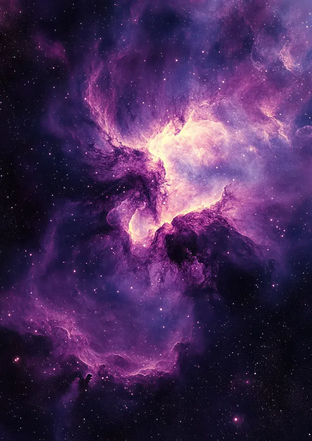 Purple and pink nebula glows through star-filled deep space with swirling cosmic dust
