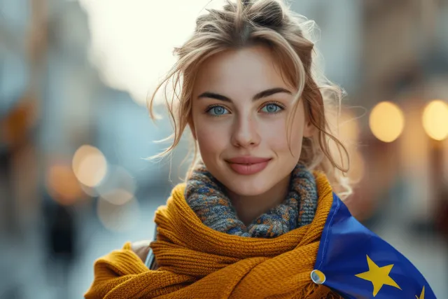 A young woman smiles on an old city street at sunset holding an EU flag as wind moves it.