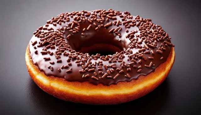 Chocolate glazed donut with sprinkles on a dark surface, showing a glossy chocolate ring and golden crust.