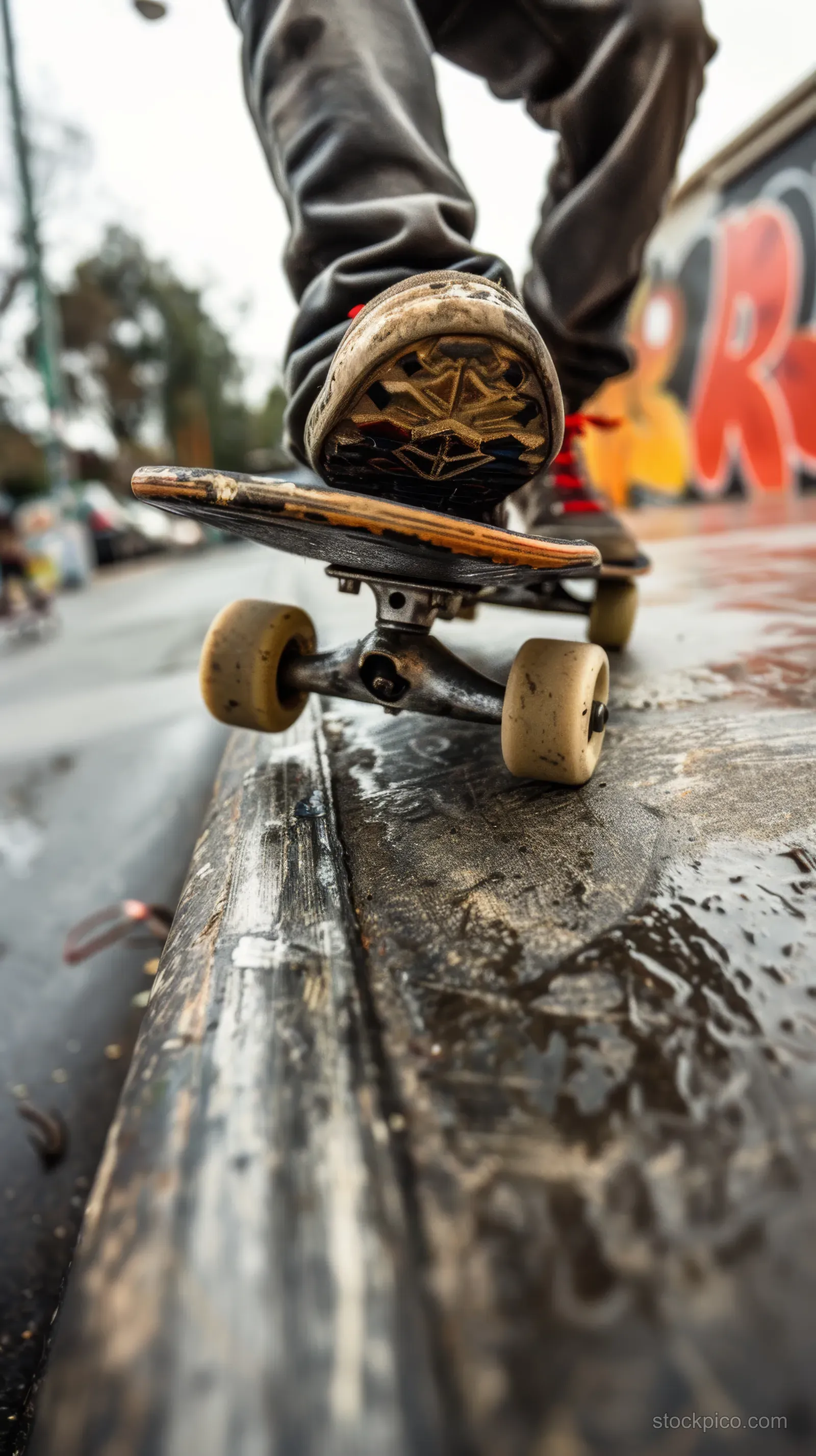 Close-up of a skateboard grind on a metal rail, showing a worn shoe, board, and gritty concrete pavement.