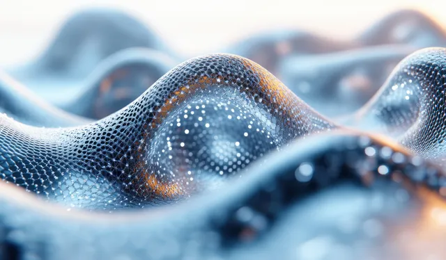 Microscopic DNA helix-like nanostrands with glowing droplets on blue skin serum surface