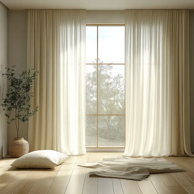 Sheer curtains glow with daylight in a minimalist Scandinavian room, with a blanket and potted plant near the window.