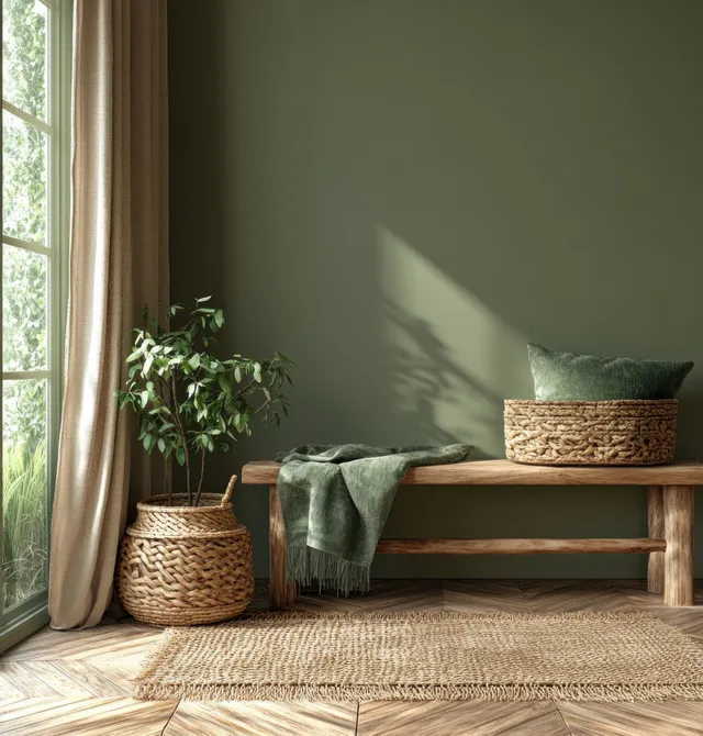 Wooden bench sits against an olive wall beside a leafy green plant, with sunlight shadows from a nearby window.