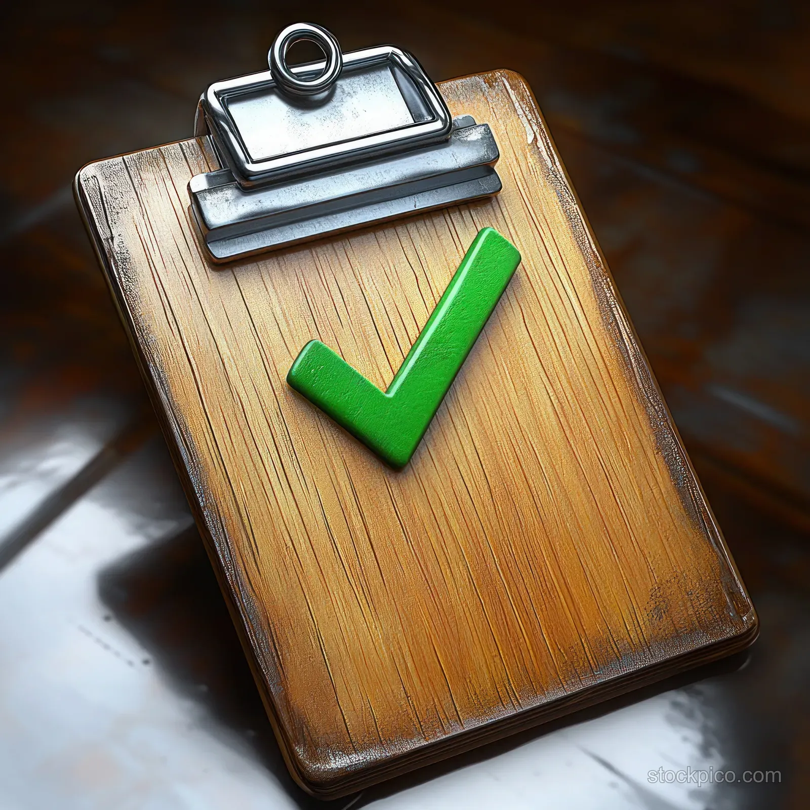 Wooden clipboard with metal clip on a reflective surface, showing a large green checkmark for approval.