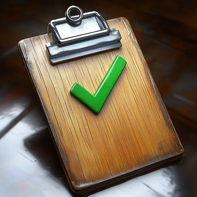 Wooden clipboard with metal clip displaying a large green checkmark on reflective surface