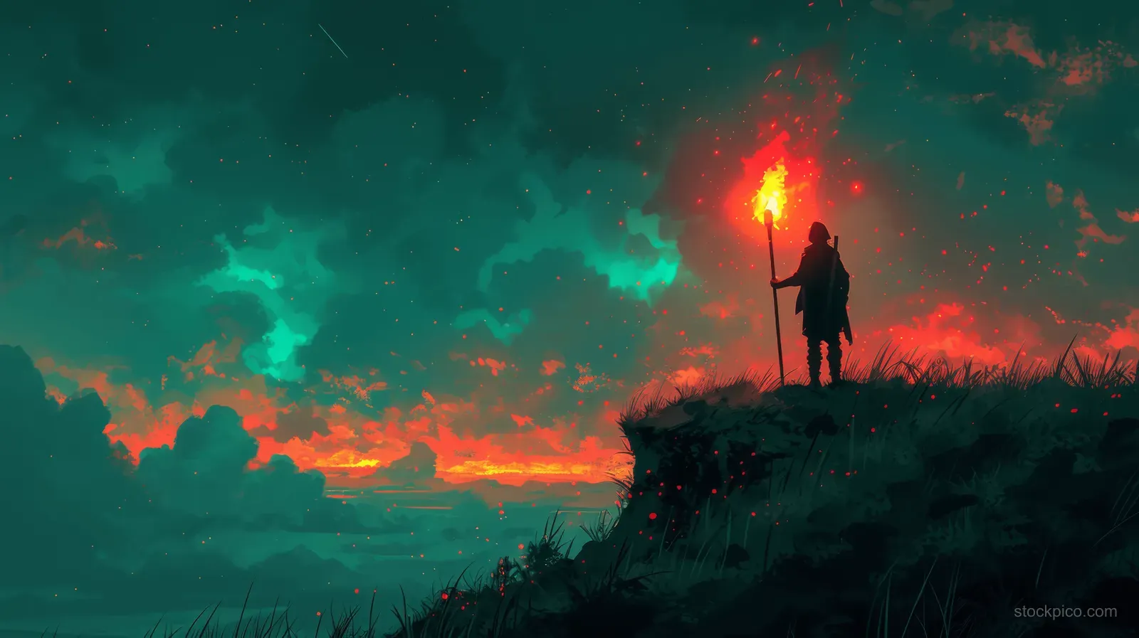 Silhouette man on a hill holding a flaming torch with glowing embers against stormy colorful clouds.