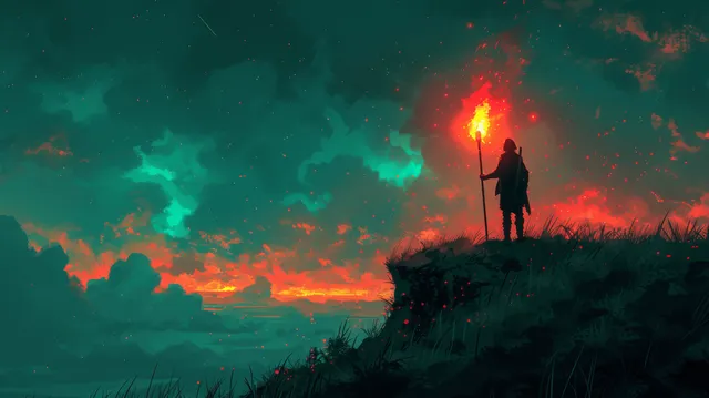Silhouette man holding torch atop hill, glowing flames and misty storm clouds