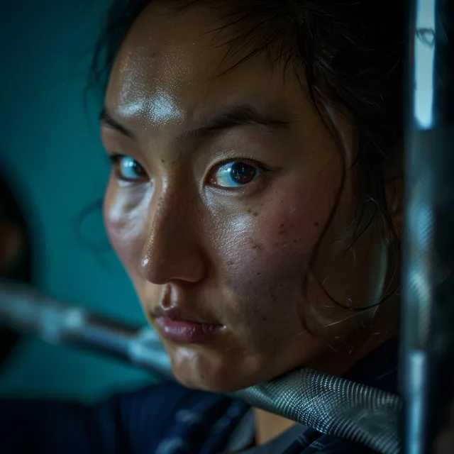 A focused Kazakhstani weightlifter grips a barbell in a gym while preparing for an Olympic attempt.
