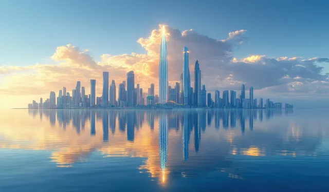 Skyscrapers at sunrise with golden reflections on still water beneath partly cloudy skies.