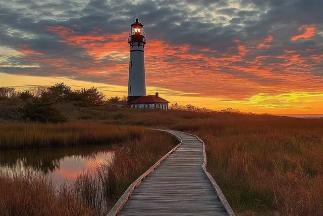 A wooden boardwalk leads to a lit lighthouse, with marsh water reflections and an orange sunset sky.