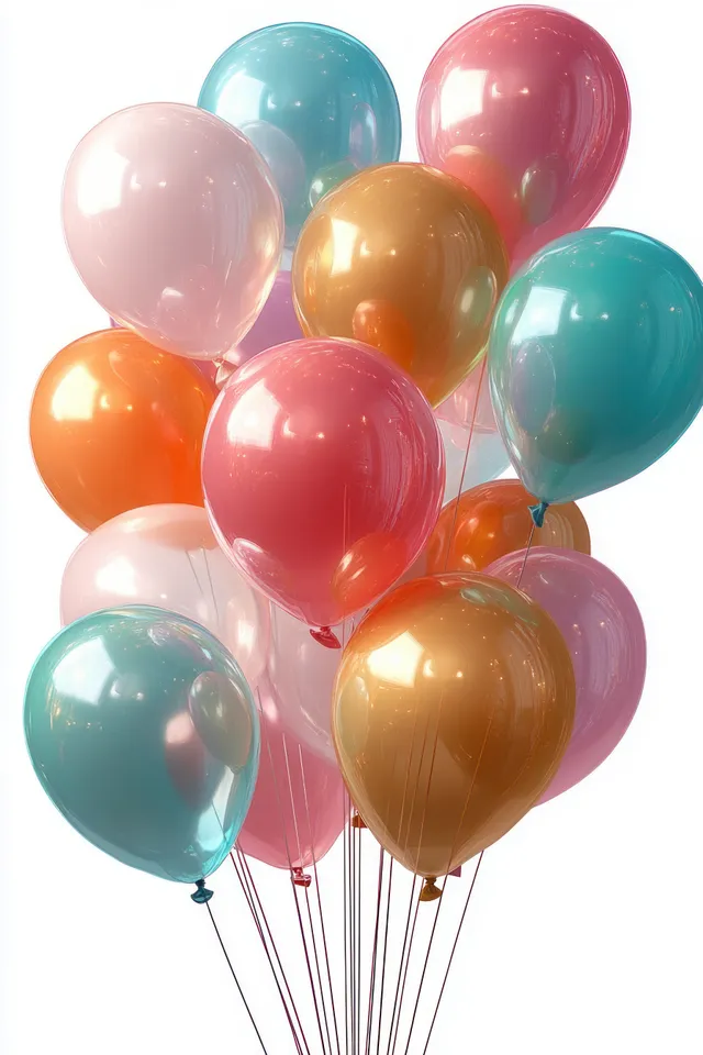 Pastel glossy balloons in blue, pink, peach and orange float together with visible strings and bright light reflections.